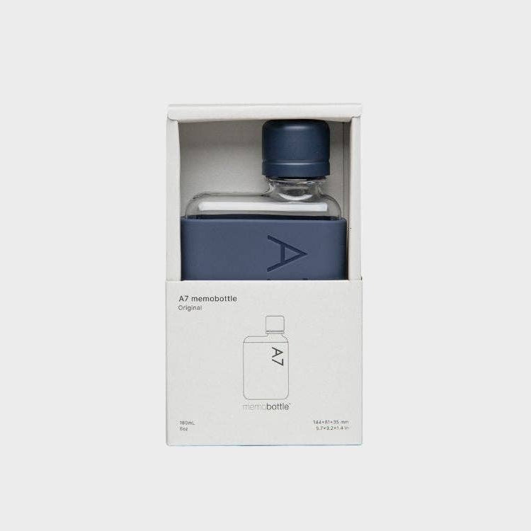 Blue 180ml water bottle with navy cap in a white box packaging on white background