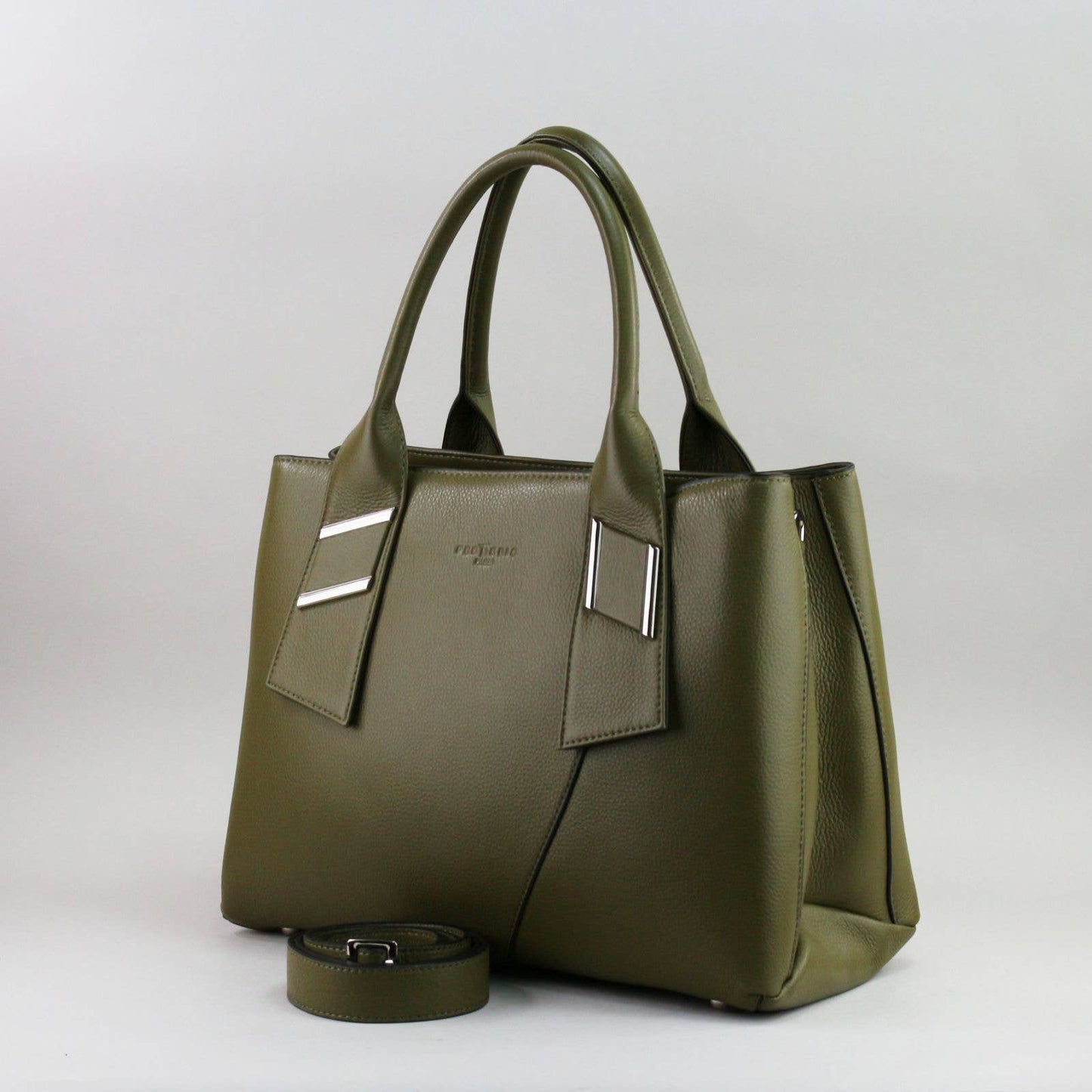 Green leather laptop handbag with a visible brand logo on a light gray background