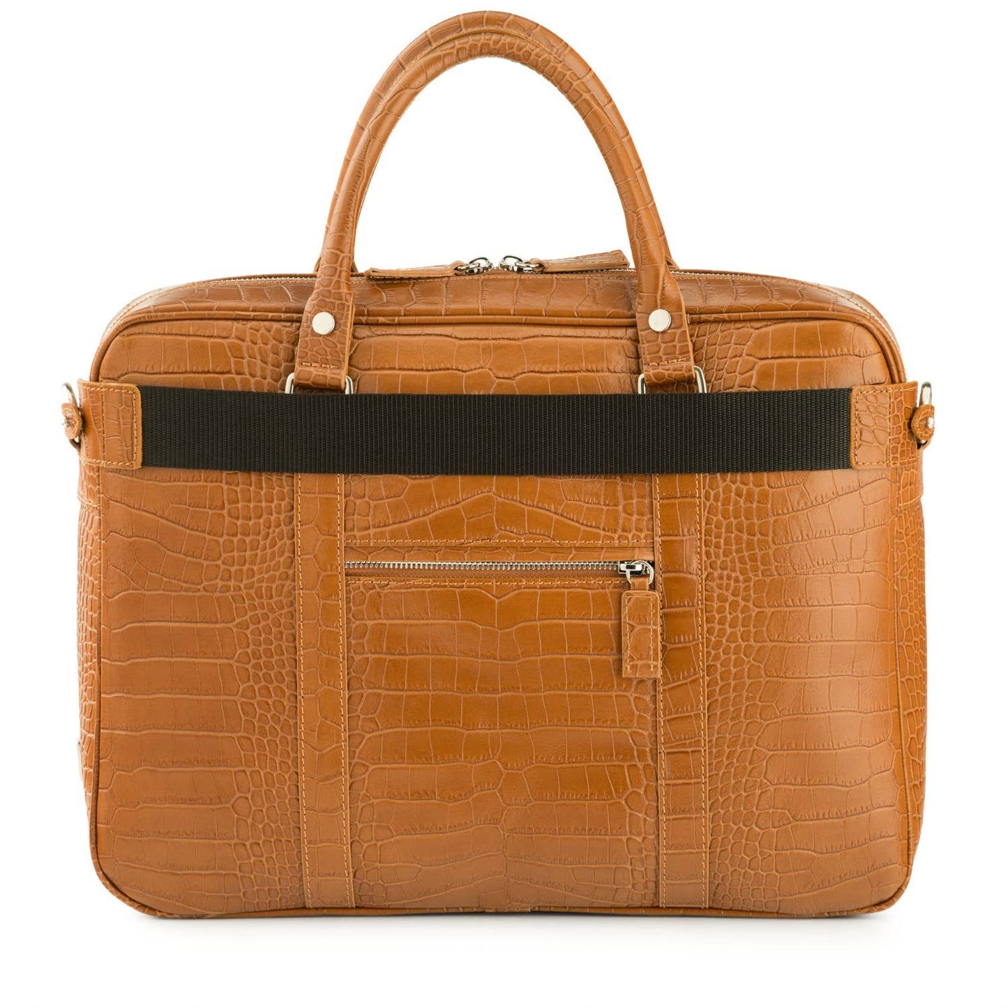 A camel brown crocodile patterned leather laptop handbag presented against a plain background