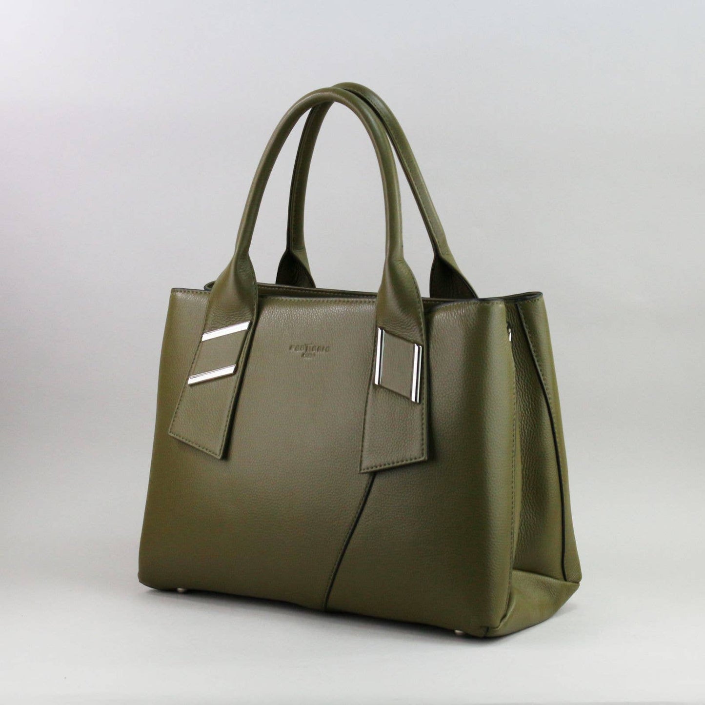Green leather laptop handbag with a visible brand logo on a light gray background