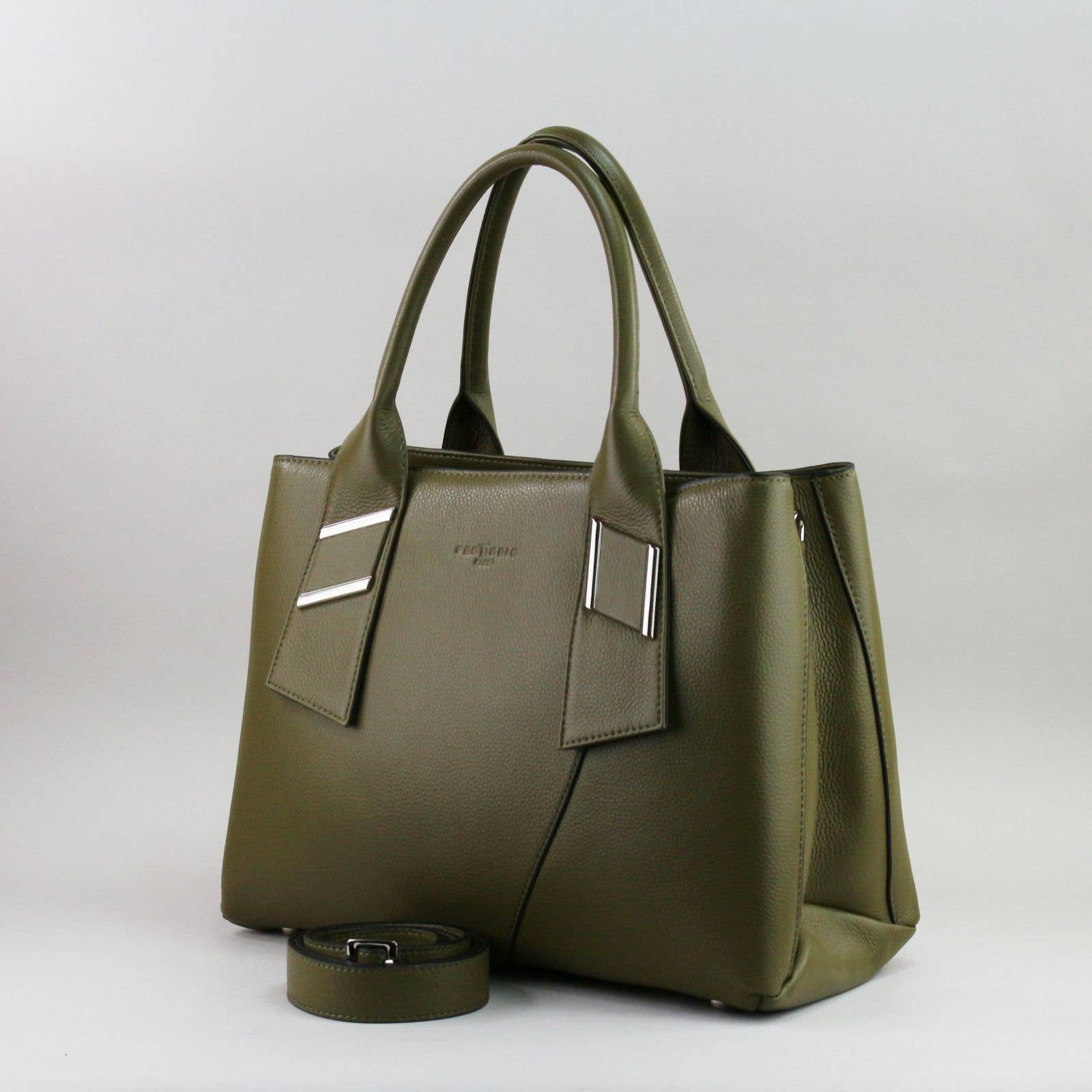 Green leather laptop handbag with a visible brand logo on a light gray background