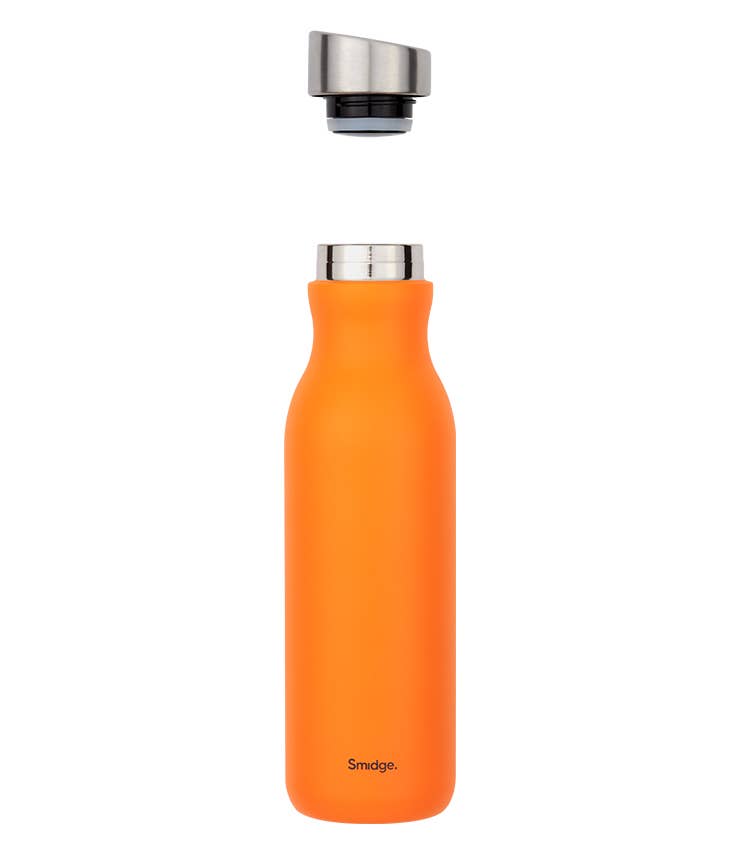 An orange 350ml water bottle. Bottle 2.0 with a stainless steel cap