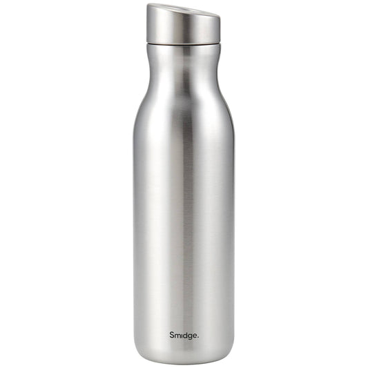 A sleek, 500ml, silver stainless steel water bottle. Bottle 2.0 with a stainless steel cap