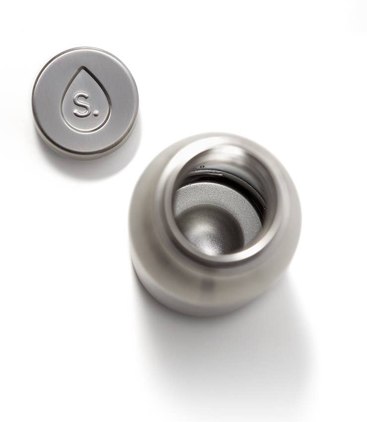 A sleek, 500ml, silver stainless steel water bottle. Bottle 2.0 with a stainless steel cap