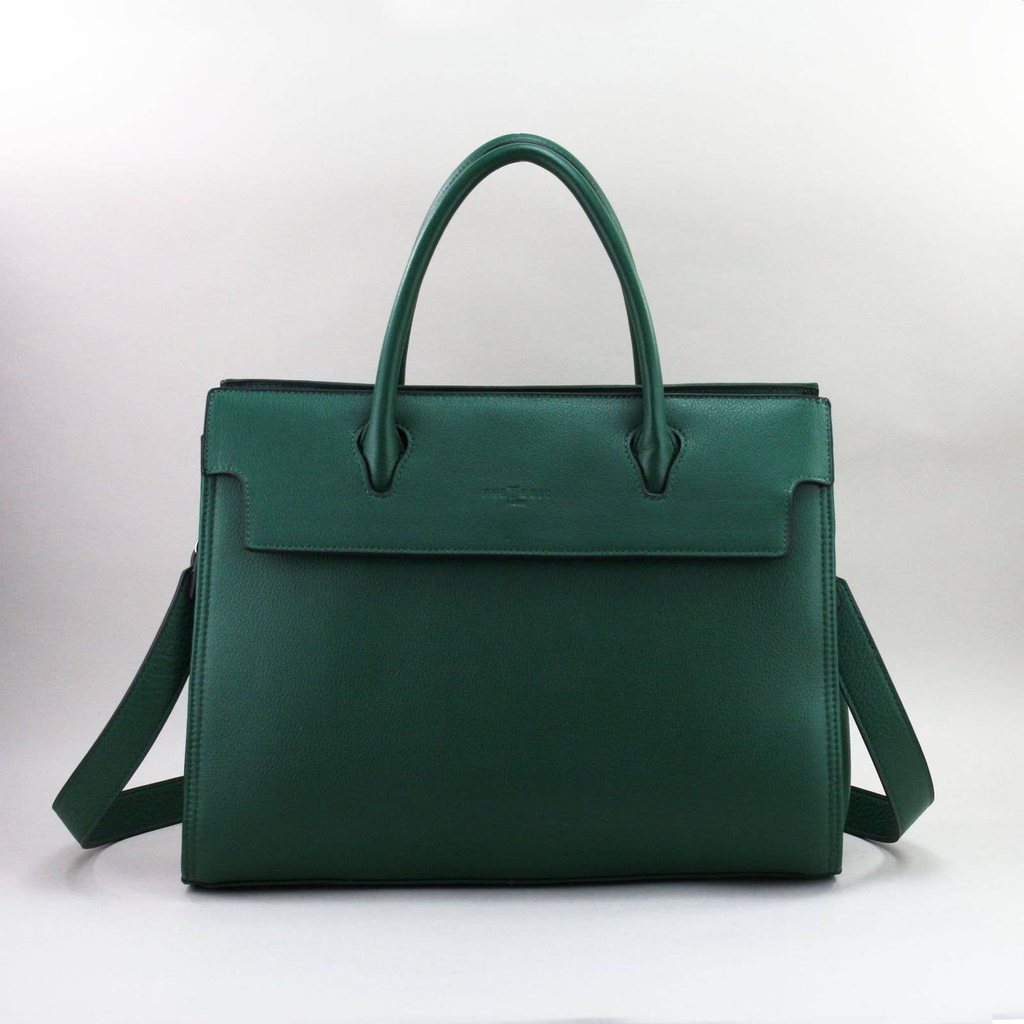 Green leather laptop handbag with a shoulder strap on a white background