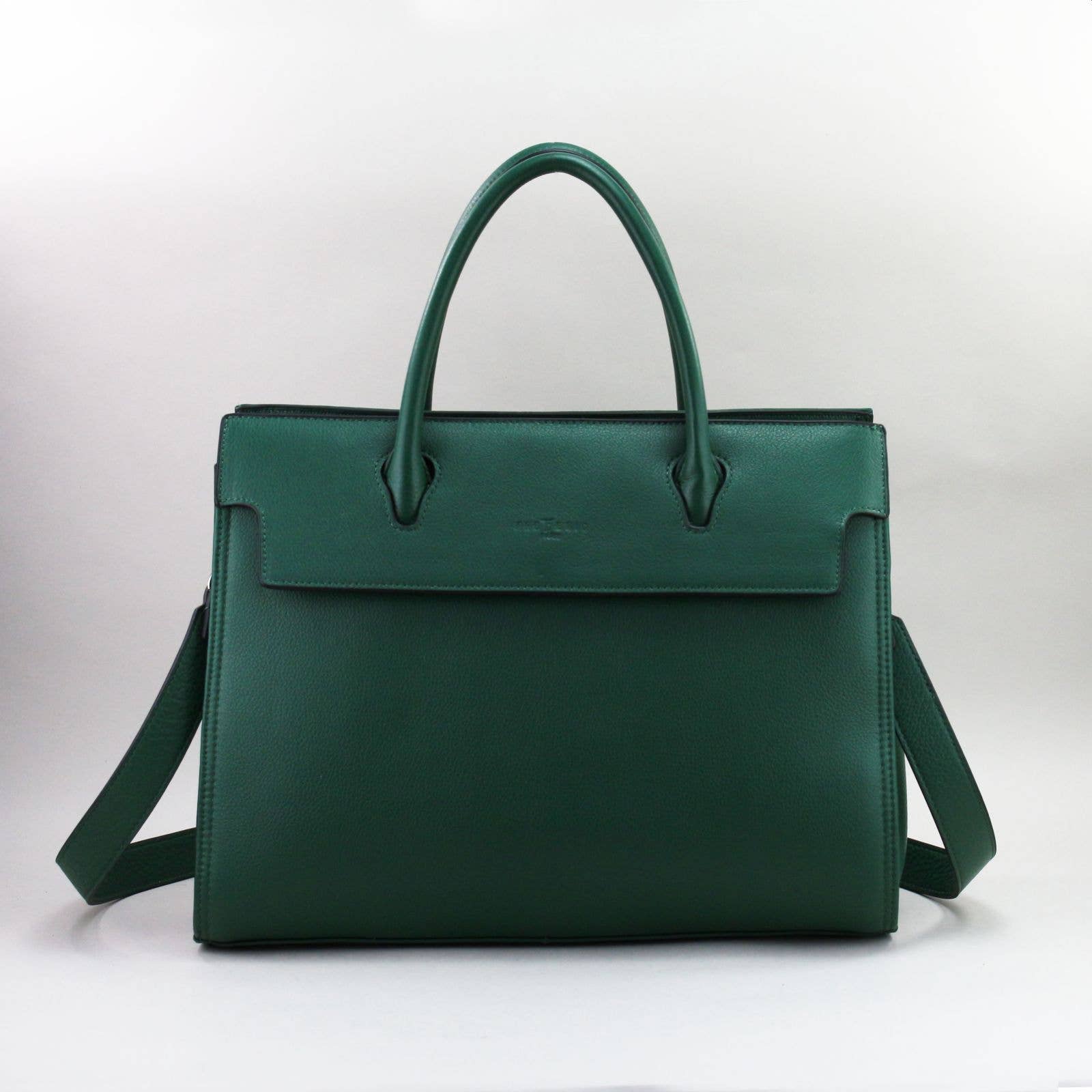 Green leather laptop handbag with a shoulder strap on a white background