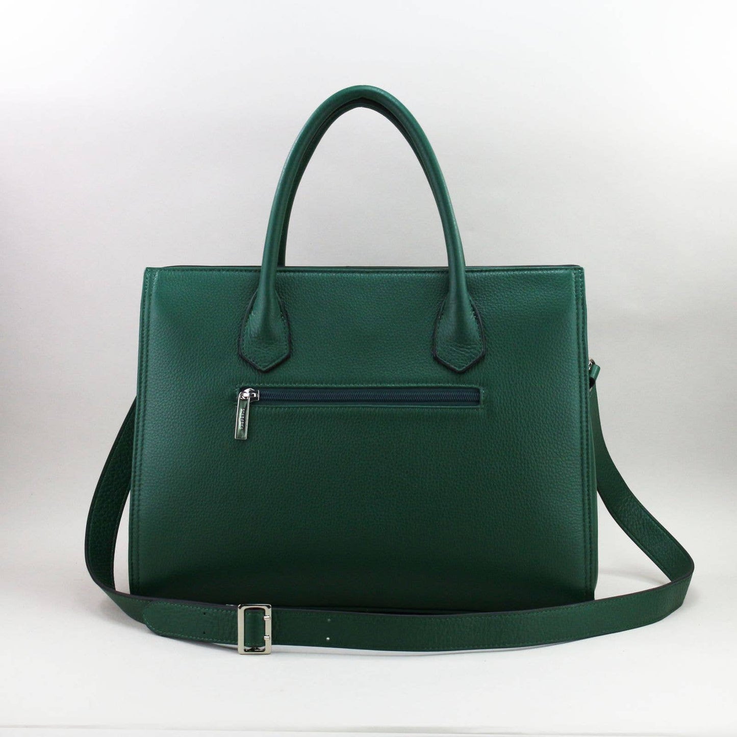 Green leather laptop handbag with a strap on a white background