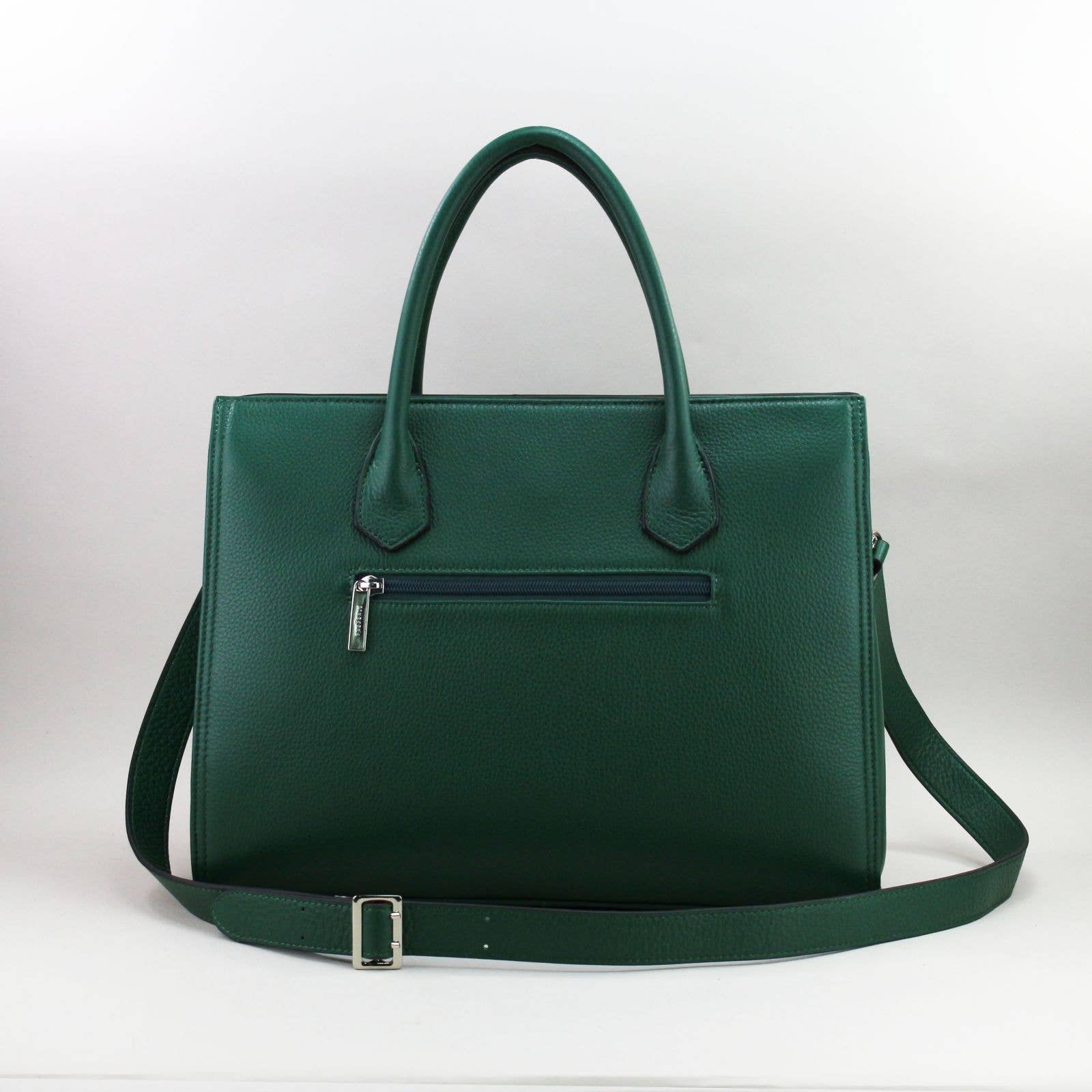 Green leather laptop handbag with a strap on a white background