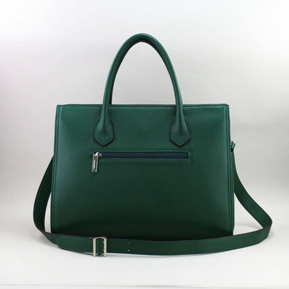 Green leather laptop handbag with a strap on a white background