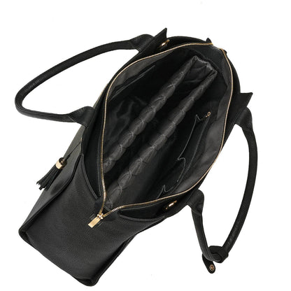 An open black leather laptop handbag with a structured design, featuring a tassel and a removable laptop pouch