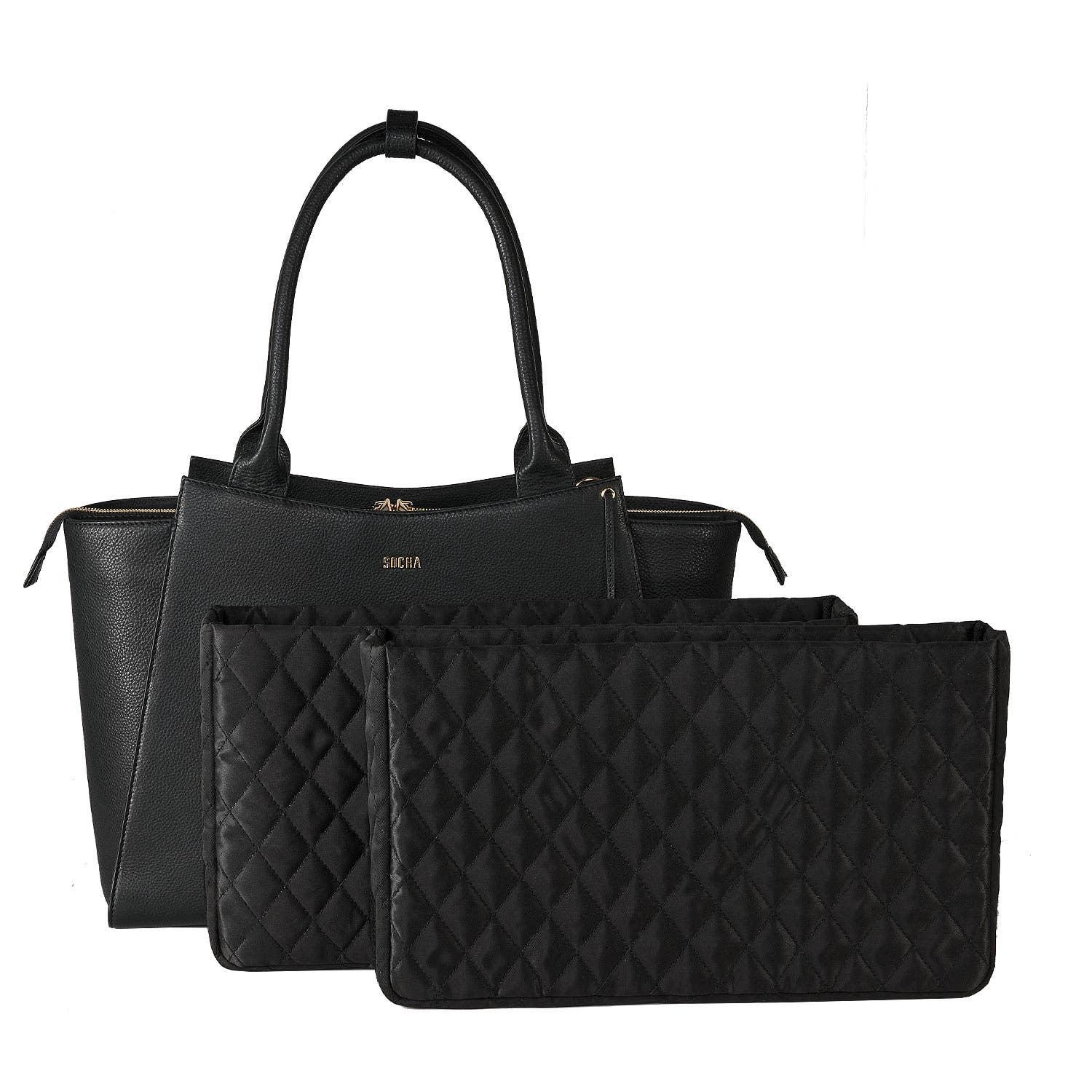 Black leather laptop handbag with a structured design, featuring a tassel and two removable laptop pouches