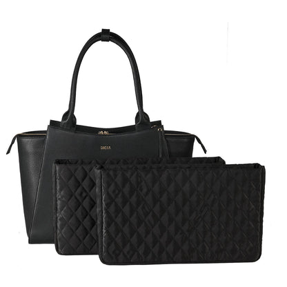 Black leather laptop handbag with a structured design, featuring a tassel and two removable laptop pouches