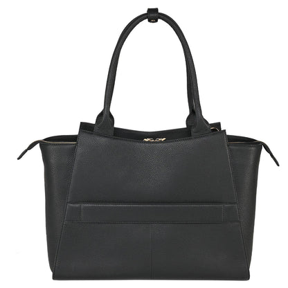 Black leather laptop handbag with a structured design