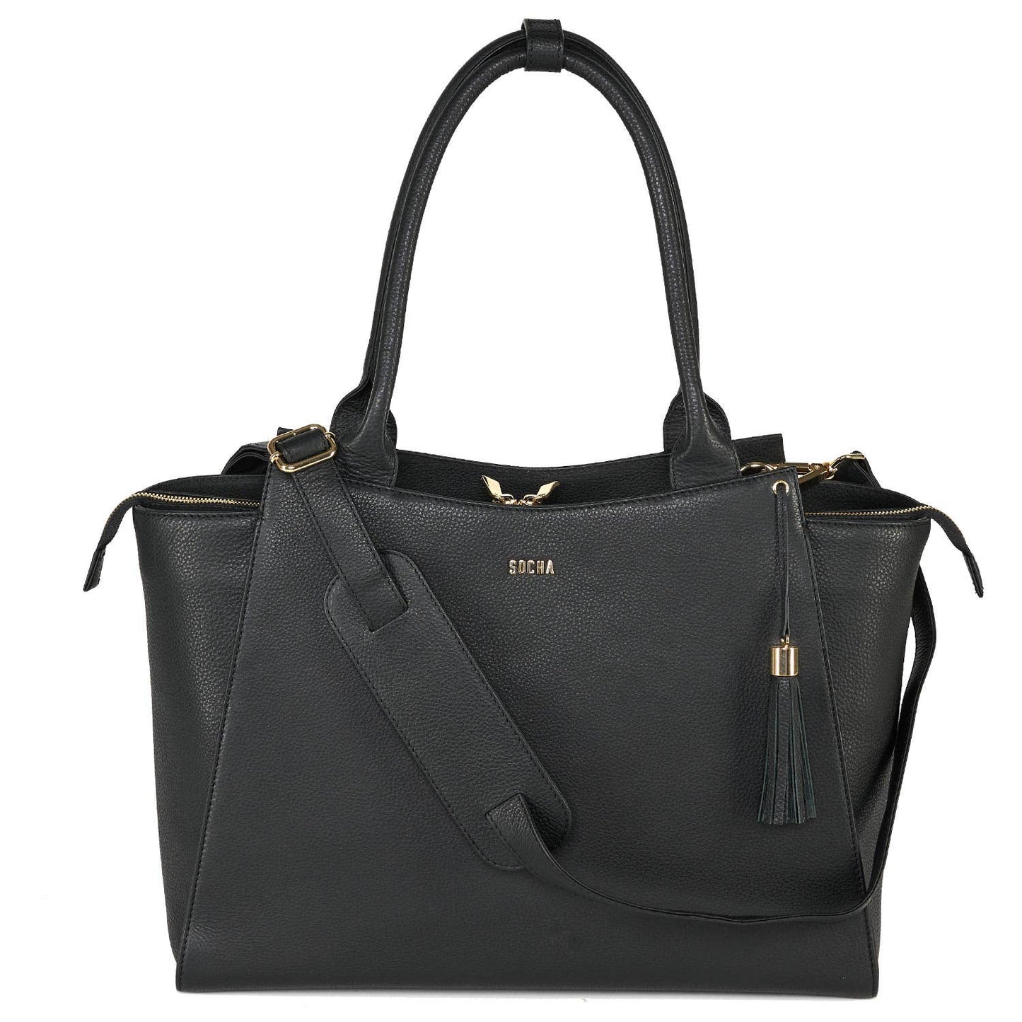 Black leather laptop handbag with a structured design, featuring a tassel and a removable shoulder strap