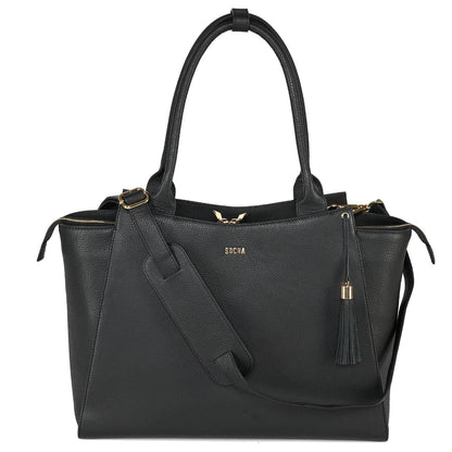 Black leather laptop handbag with a structured design, featuring a tassel and a removable shoulder strap
