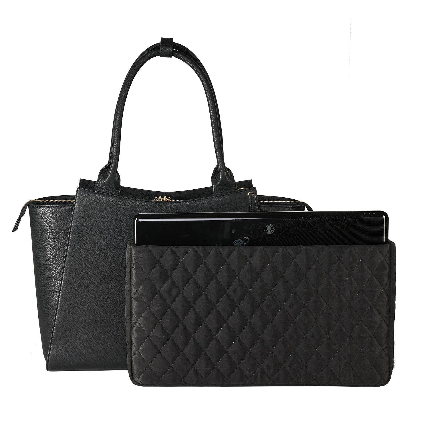 Black leather laptop handbag with a structured design, featuring a tassel and a removable laptop pouch
