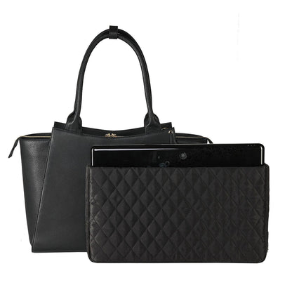 Black leather laptop handbag with a structured design, featuring a tassel and a removable laptop pouch
