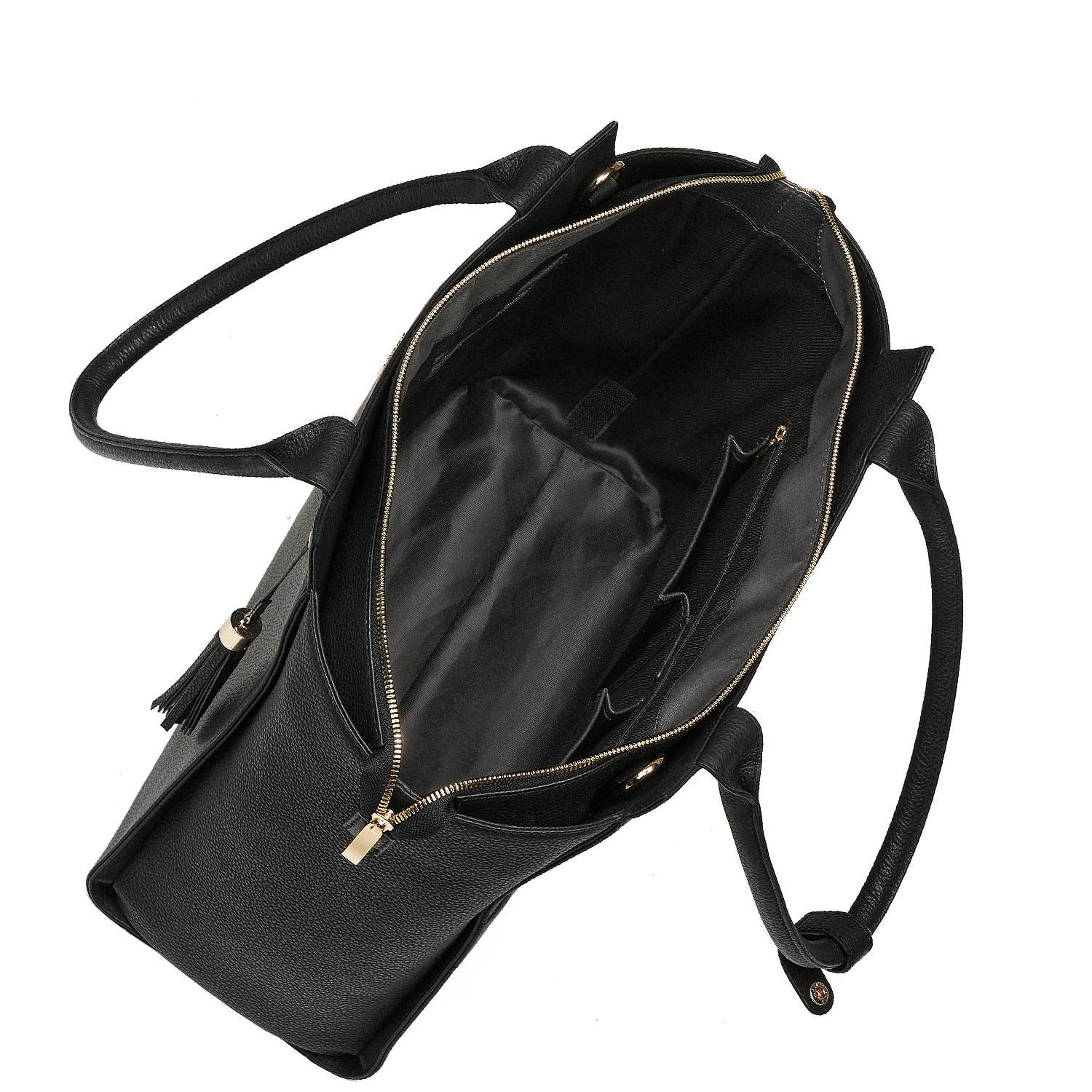 An open black leather laptop handbag with a structured design, featuring a tassel