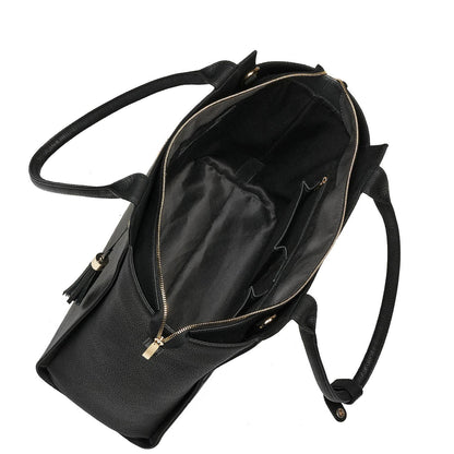 An open black leather laptop handbag with a structured design, featuring a tassel