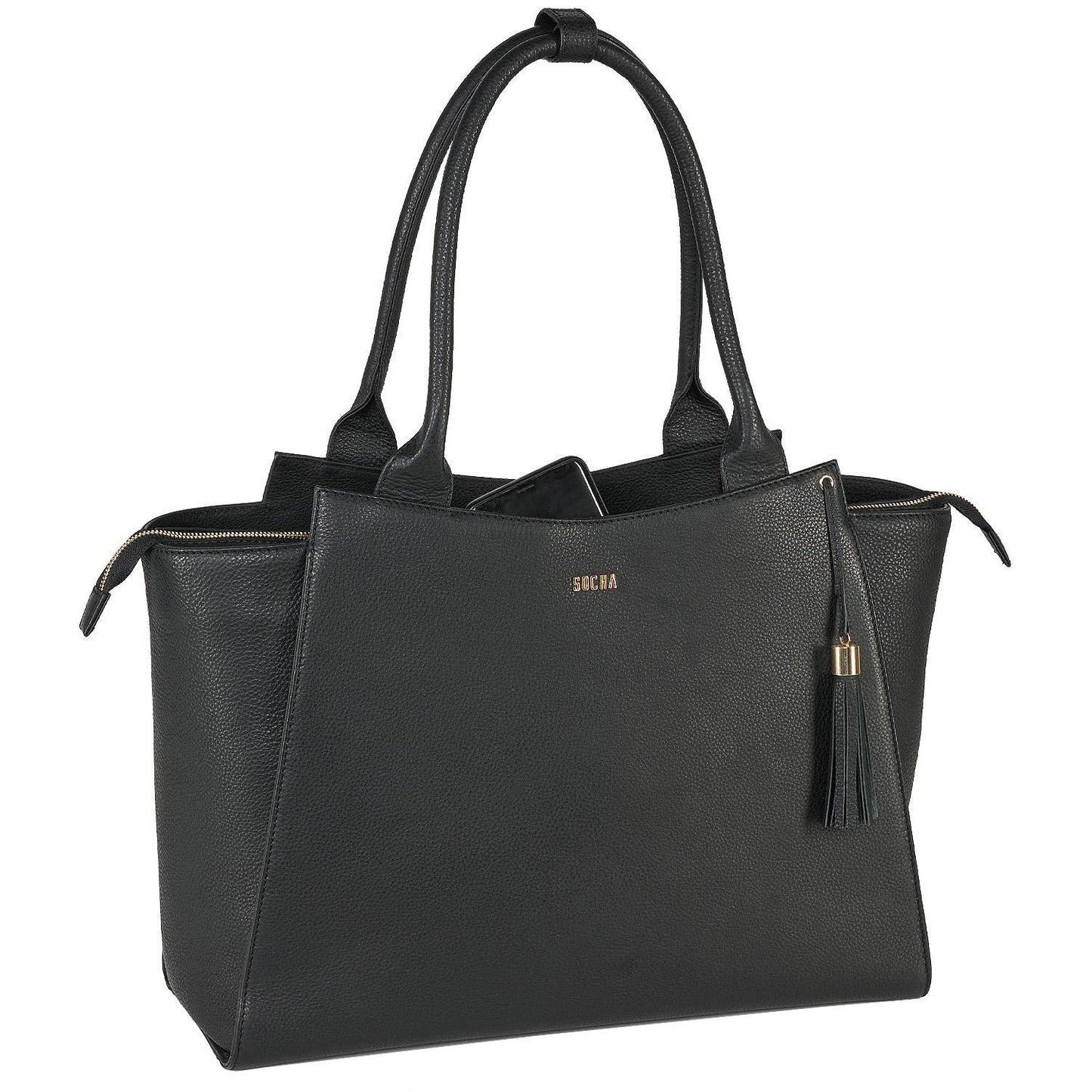 Black leather laptop handbag with a structured design, featuring a tassel