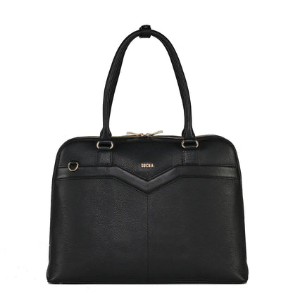 Black Diamond Couture laptop handbag made from cowhide leather with gold-tone hardware, designed to fit up to 15.6-inch laptops, featuring a hand and shoulder strap