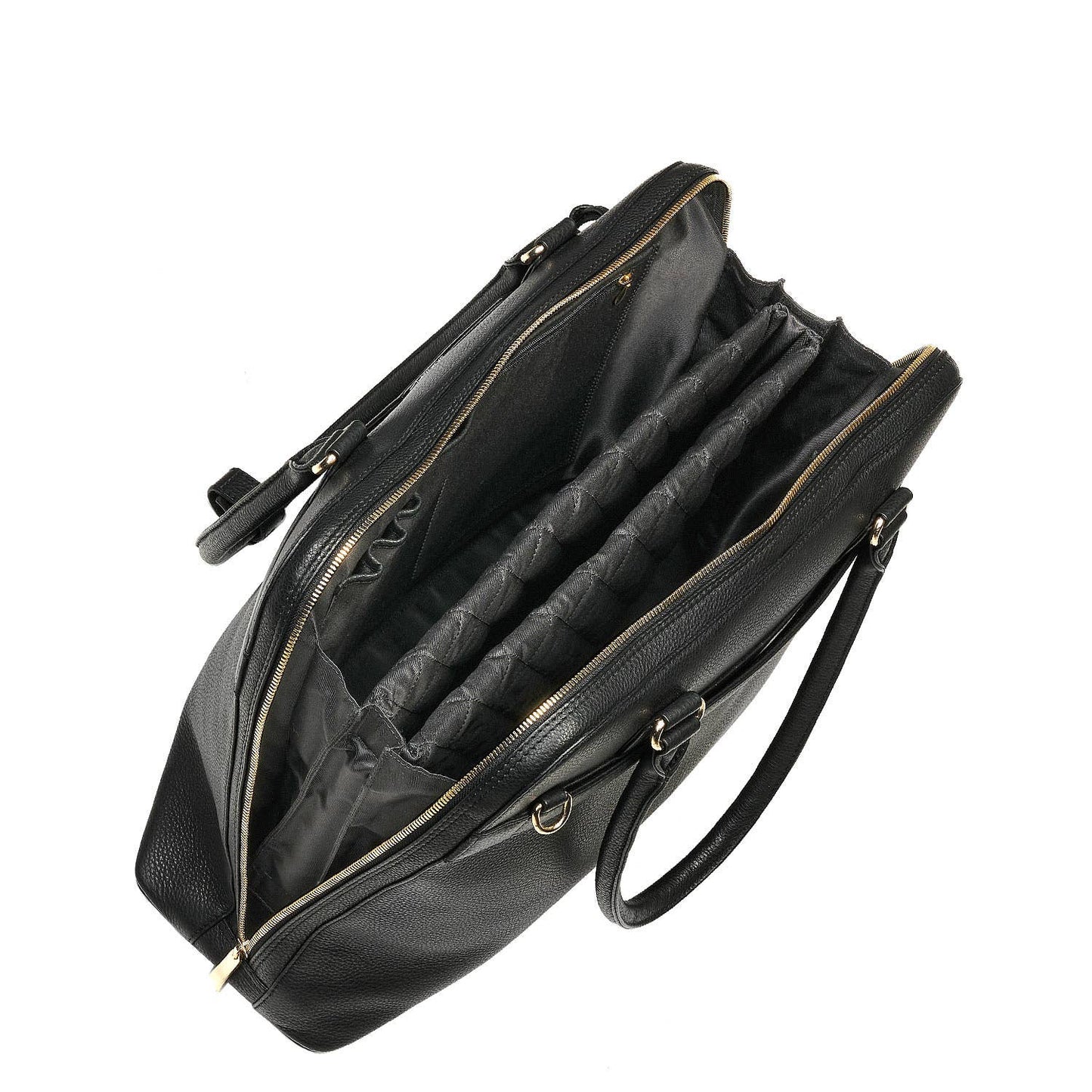 An open Black Diamond Couture laptop handbag made from cowhide leather with gold-tone hardware, designed to fit up to 15.6-inch laptops with a removable laptop pouch