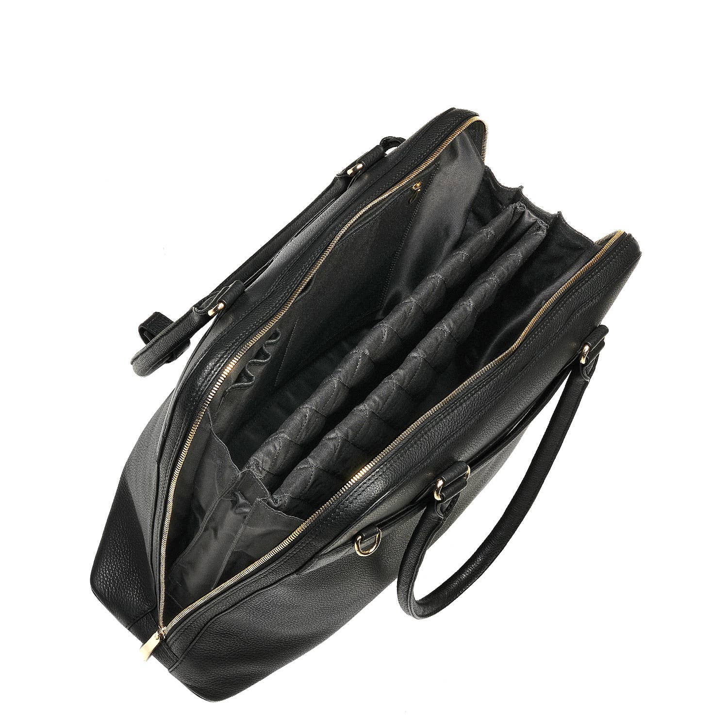 An open Black Diamond Couture laptop handbag made from cowhide leather with gold-tone hardware, designed to fit up to 15.6-inch laptops with a removable laptop pouch