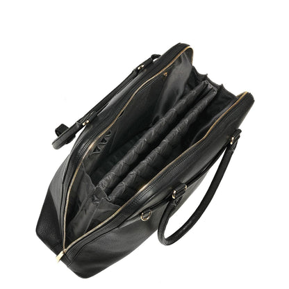 An open Black Diamond Couture laptop handbag made from cowhide leather with gold-tone hardware, designed to fit up to 15.6-inch laptops with a removable laptop pouch