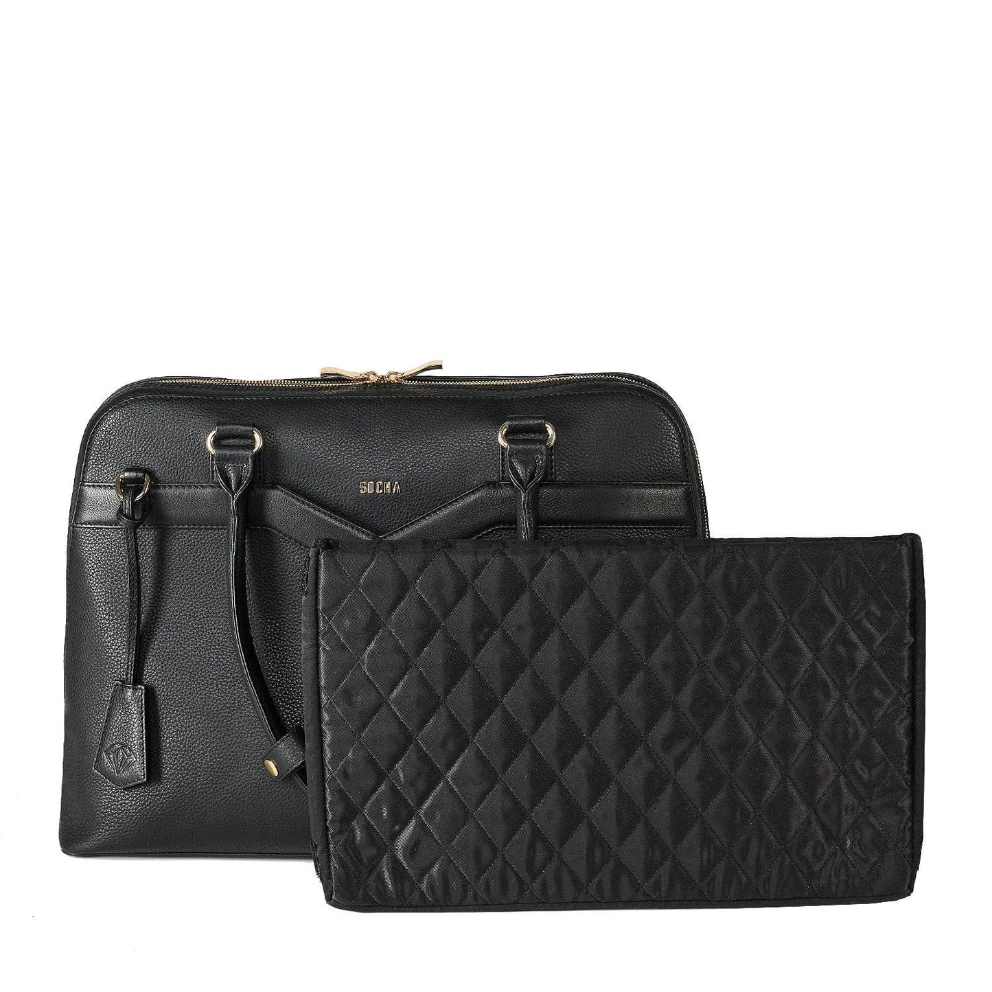 Black Diamond Couture laptop handbag made from cowhide leather with gold-tone hardware, designed to fit up to 15.6-inch laptops with a removable laptop pouch