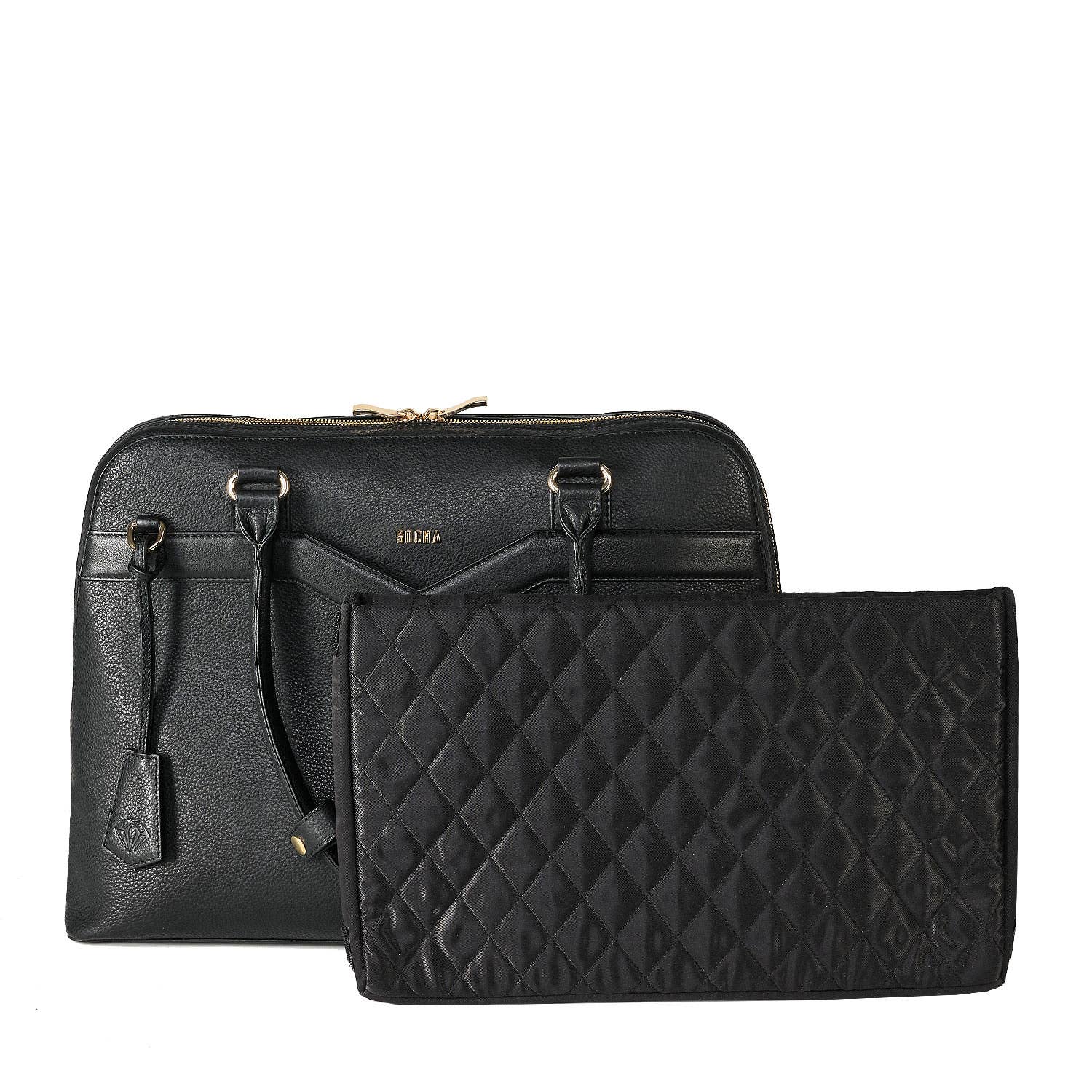 Black Diamond Couture laptop handbag made from cowhide leather with gold-tone hardware, designed to fit up to 15.6-inch laptops with a removable laptop pouch
