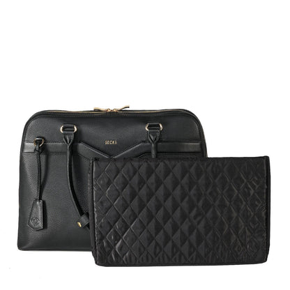 Black Diamond Couture laptop handbag made from cowhide leather with gold-tone hardware, designed to fit up to 15.6-inch laptops with a removable laptop pouch