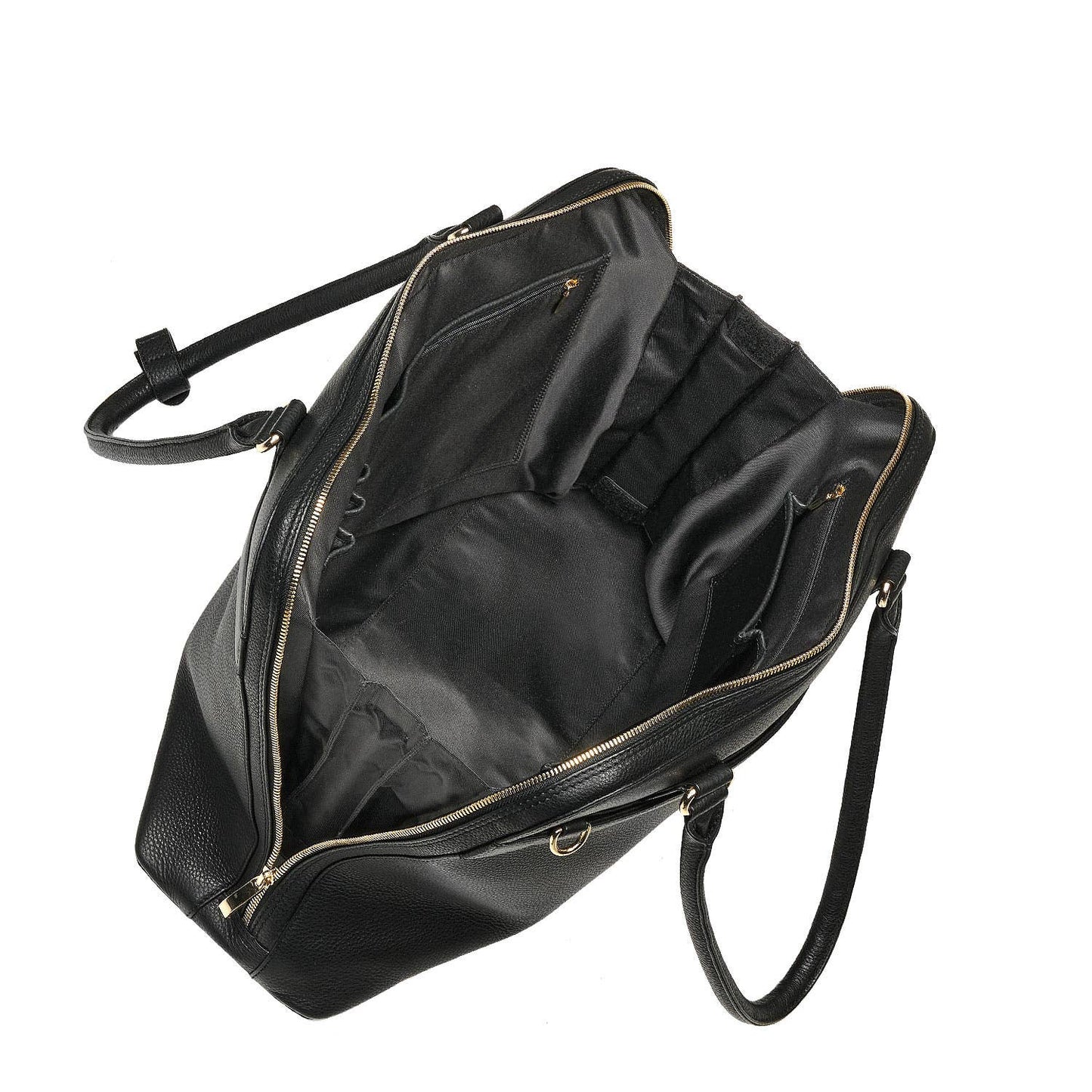 An open Black Diamond Couture laptop handbag made from cowhide leather with gold-tone hardware, designed to fit up to 15.6-inch laptops 