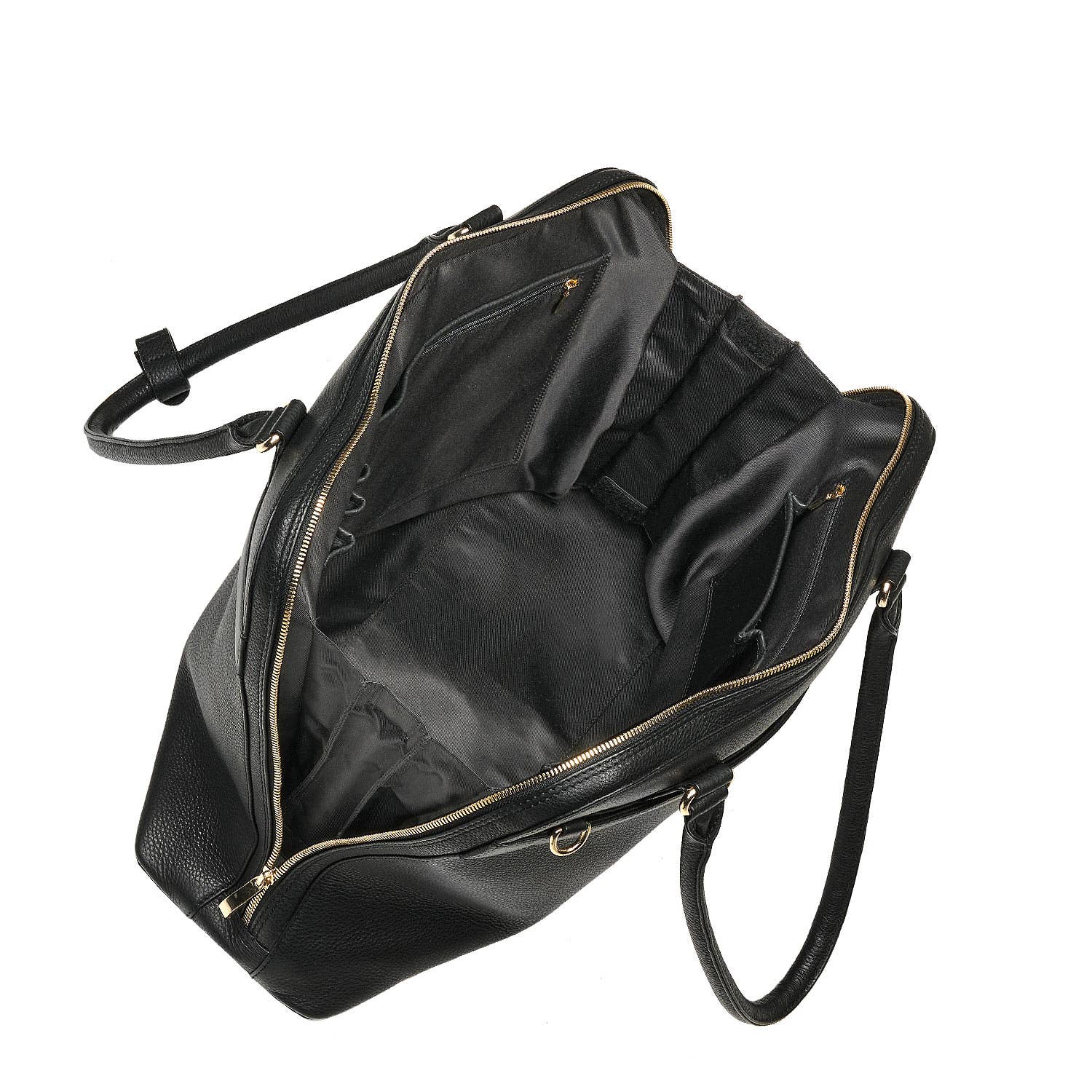 An open Black Diamond Couture laptop handbag made from cowhide leather with gold-tone hardware, designed to fit up to 15.6-inch laptops 