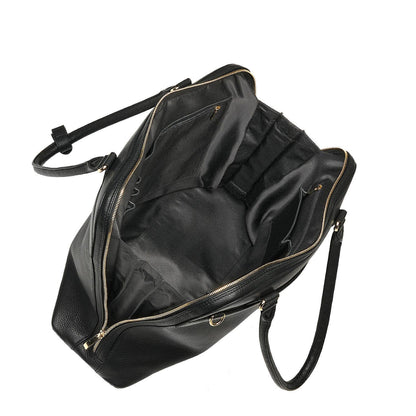 An open Black Diamond Couture laptop handbag made from cowhide leather with gold-tone hardware, designed to fit up to 15.6-inch laptops 