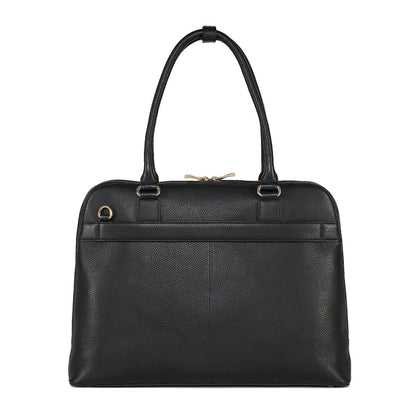 Black Diamond Couture laptop handbag made from cowhide leather with gold-tone hardware, designed to fit up to 15.6-inch laptops