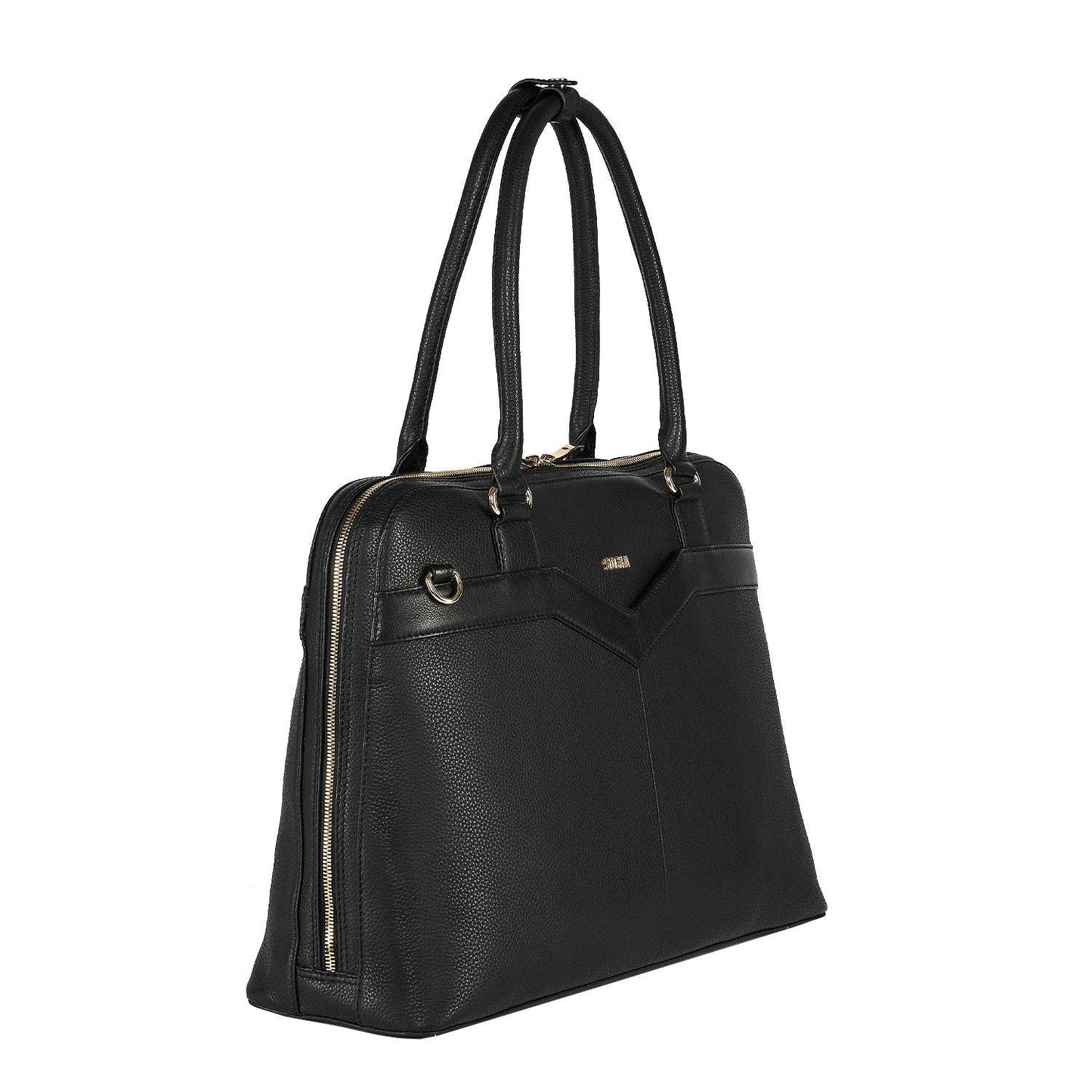 Black Diamond Couture laptop handbag made from cowhide leather with gold-tone hardware, designed to fit up to 15.6-inch laptops