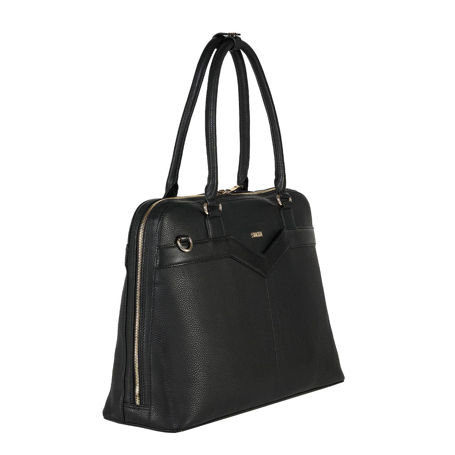 Black Diamond Couture laptop handbag made from cowhide leather with gold-tone hardware, designed to fit up to 15.6-inch laptops