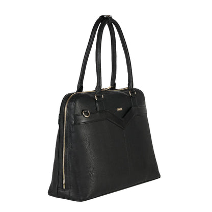 Black Diamond Couture laptop handbag made from cowhide leather with gold-tone hardware, designed to fit up to 15.6-inch laptops