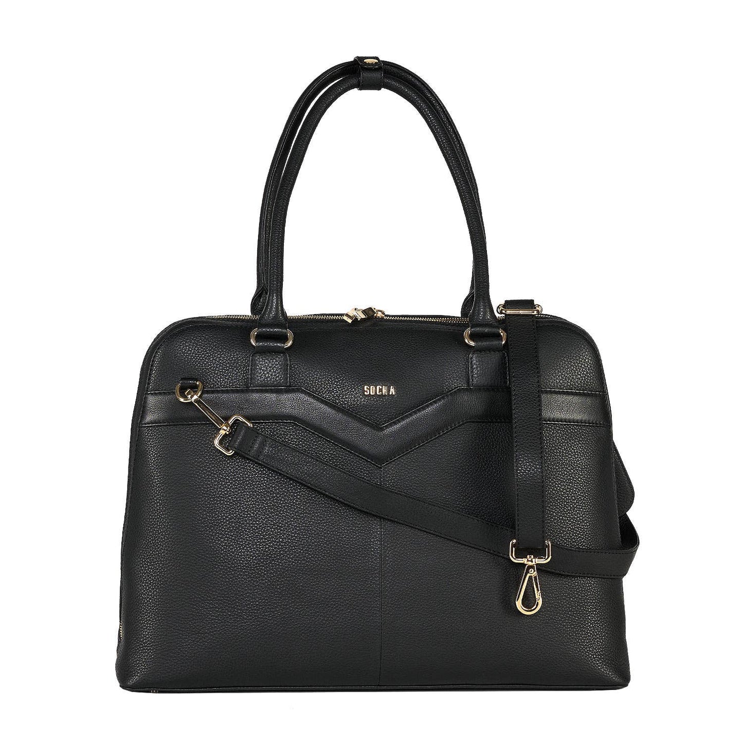 Black Diamond Couture laptop handbag made from cowhide leather with gold-tone hardware, designed to fit up to 15.6-inch laptops, featuring a hand and shoulder strap
