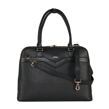 Black Diamond Couture laptop handbag made from cowhide leather with gold-tone hardware, designed to fit up to 15.6-inch laptops, featuring a hand and shoulder strap