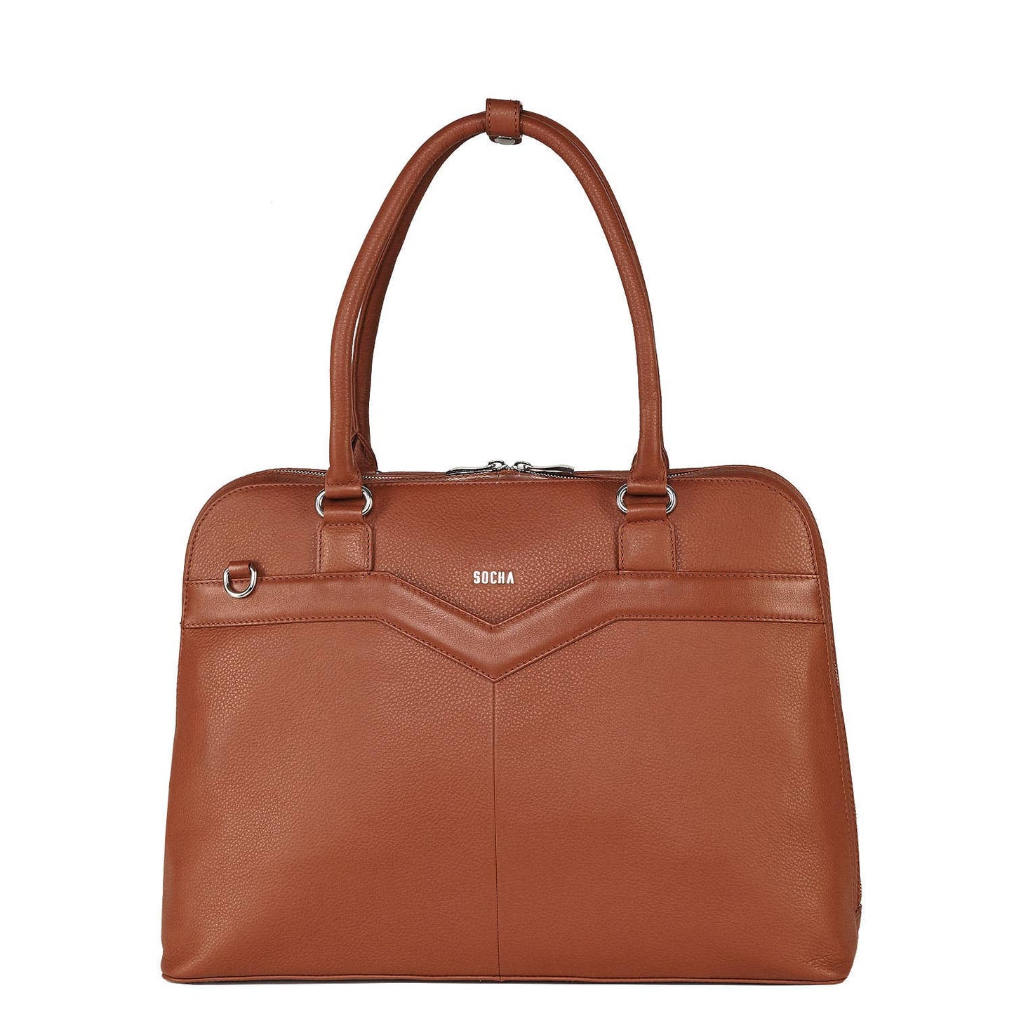 A cognac brown leather laptop handbag with a structured design, featuring a zip closure and a removable shoulder strap