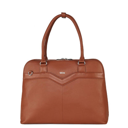 A cognac brown leather laptop handbag with a structured design, featuring a zip closure and a removable shoulder strap