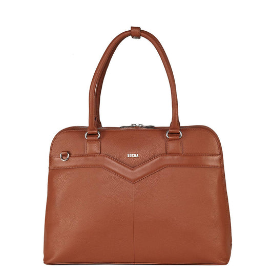 A cognac brown leather laptop handbag with a structured design, featuring a zip closure and a removable shoulder strap