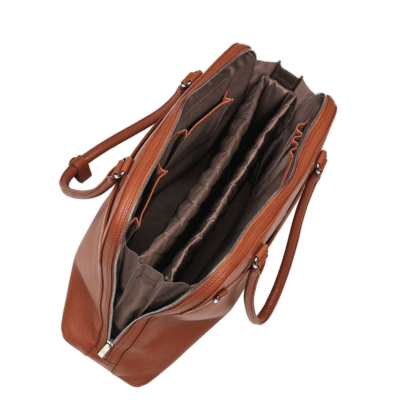 An open cognac brown leather laptop handbag with a structured design and removable laptop pouch