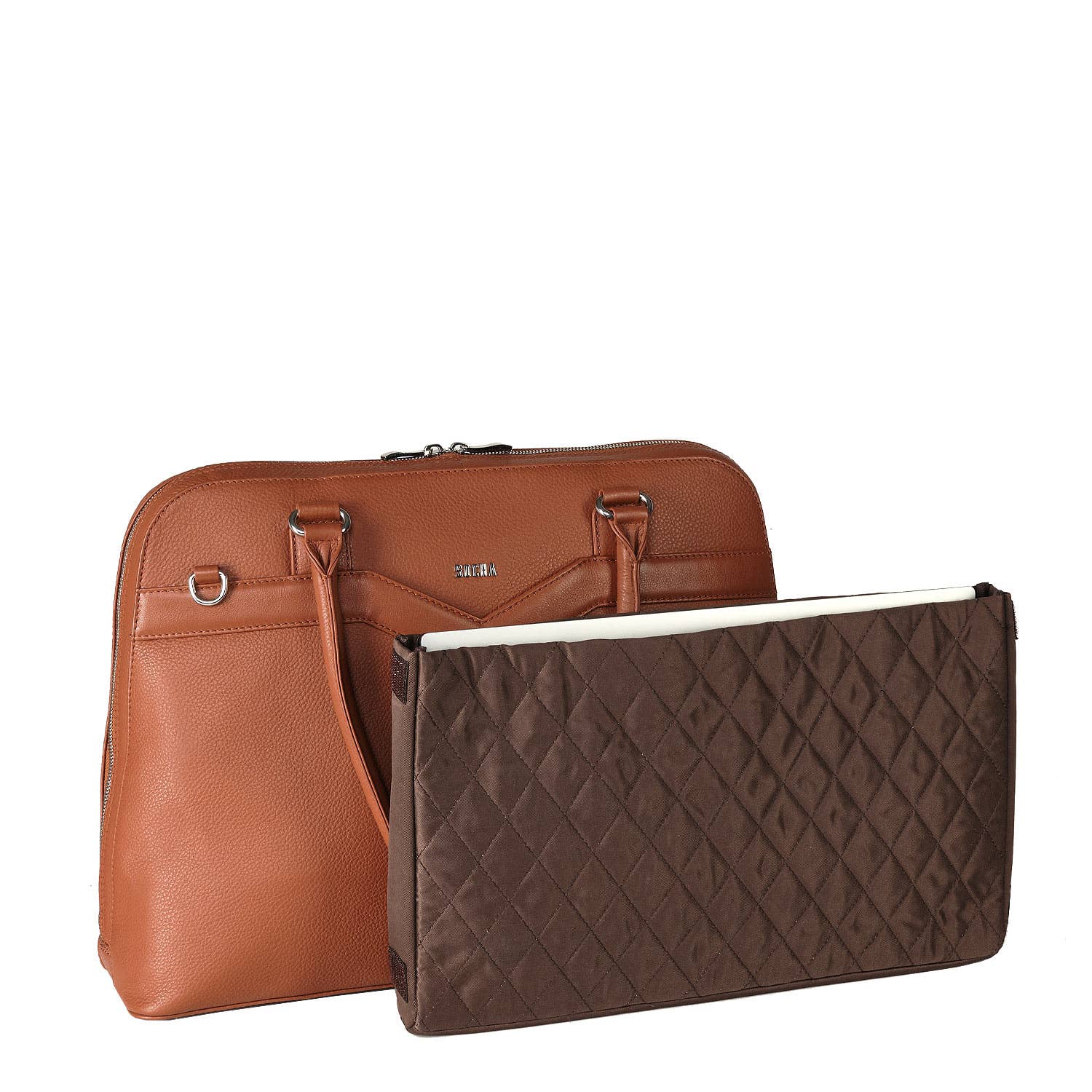 A cognac brown leather laptop handbag with a structured design and a removable laptop pouch