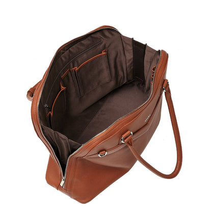 An open cognac brown leather laptop handbag with a structured design
