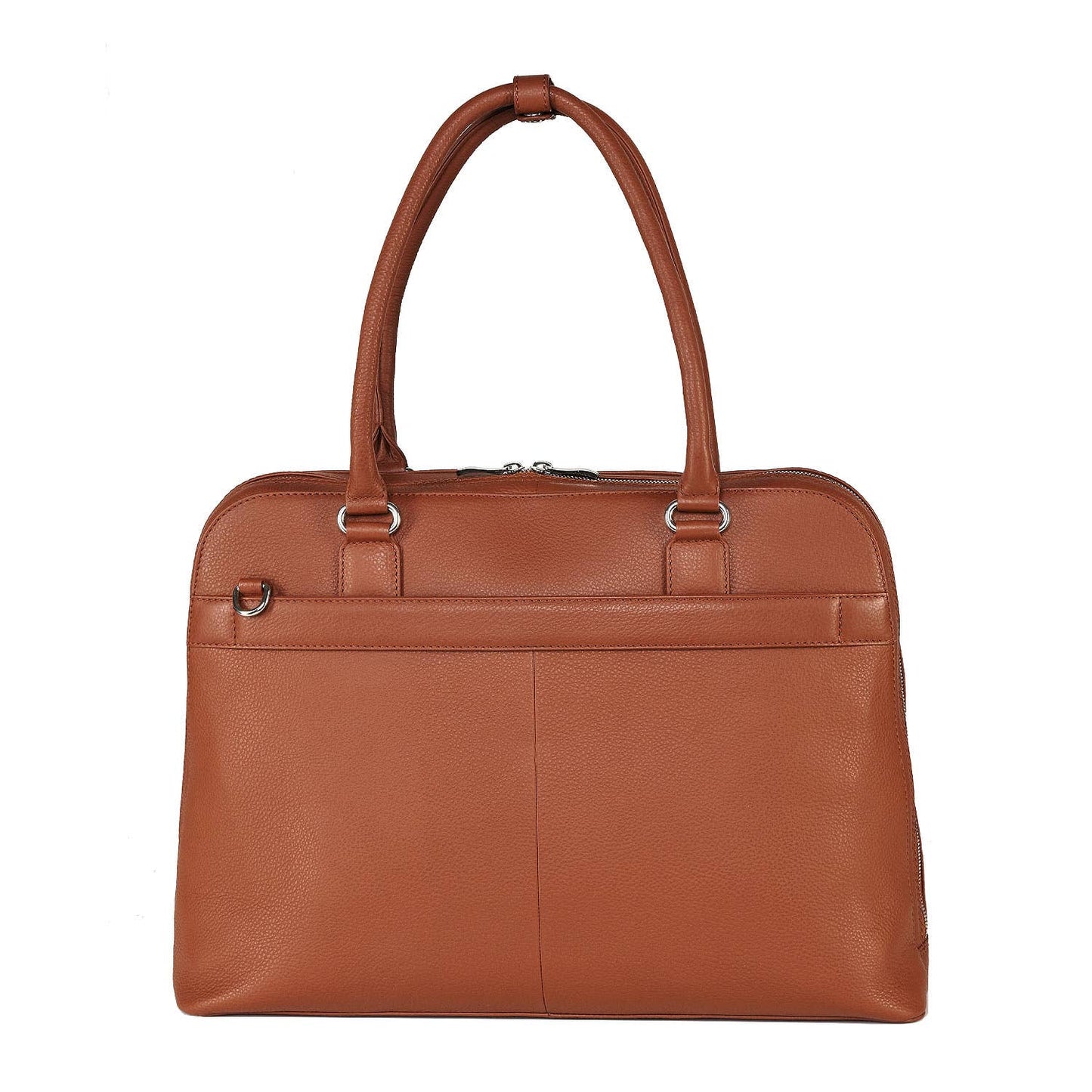 A cognac brown leather laptop handbag with a structured design, featuring a zip closure