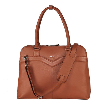 A cognac brown leather laptop handbag with a structured design, featuring a zip closure and a removable shoulder strap