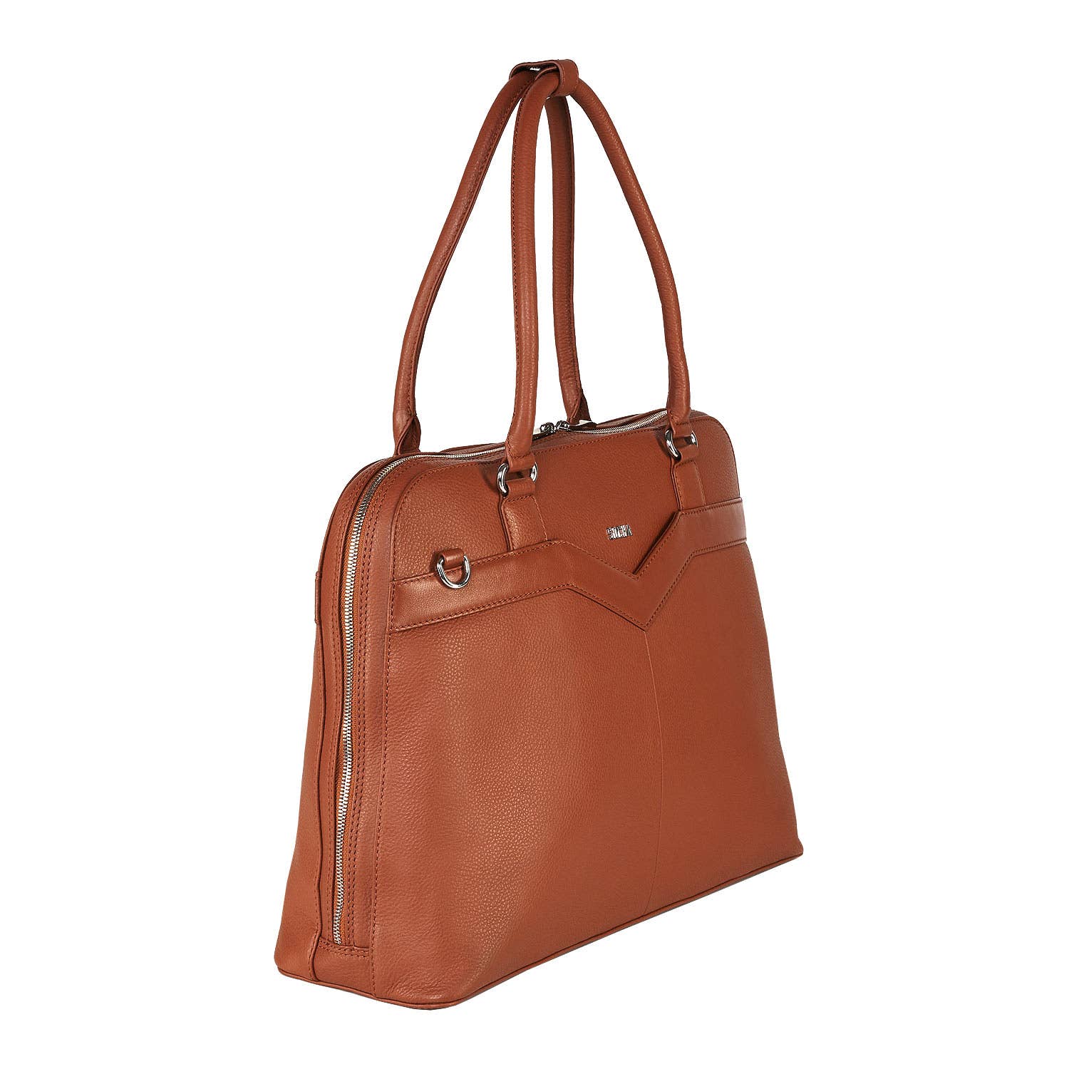 A cognac brown leather laptop handbag with a structured design, featuring a zip closure
