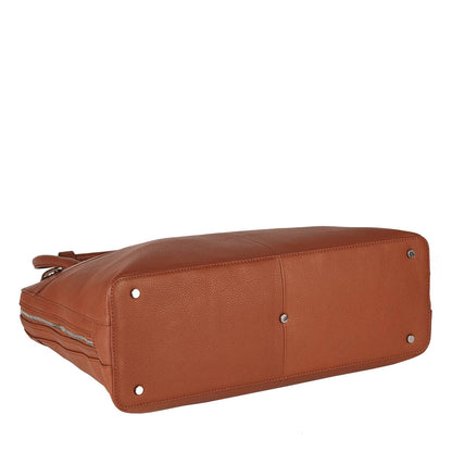 A cognac brown leather laptop handbag with a structured design